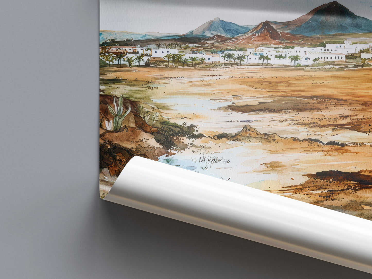 Lanzarote Watercolor Poster Lanzarote Travel Print Lanzarote Spain Wall Art Canary Islands Decor Volcanic Landscape Coastal Scene Print