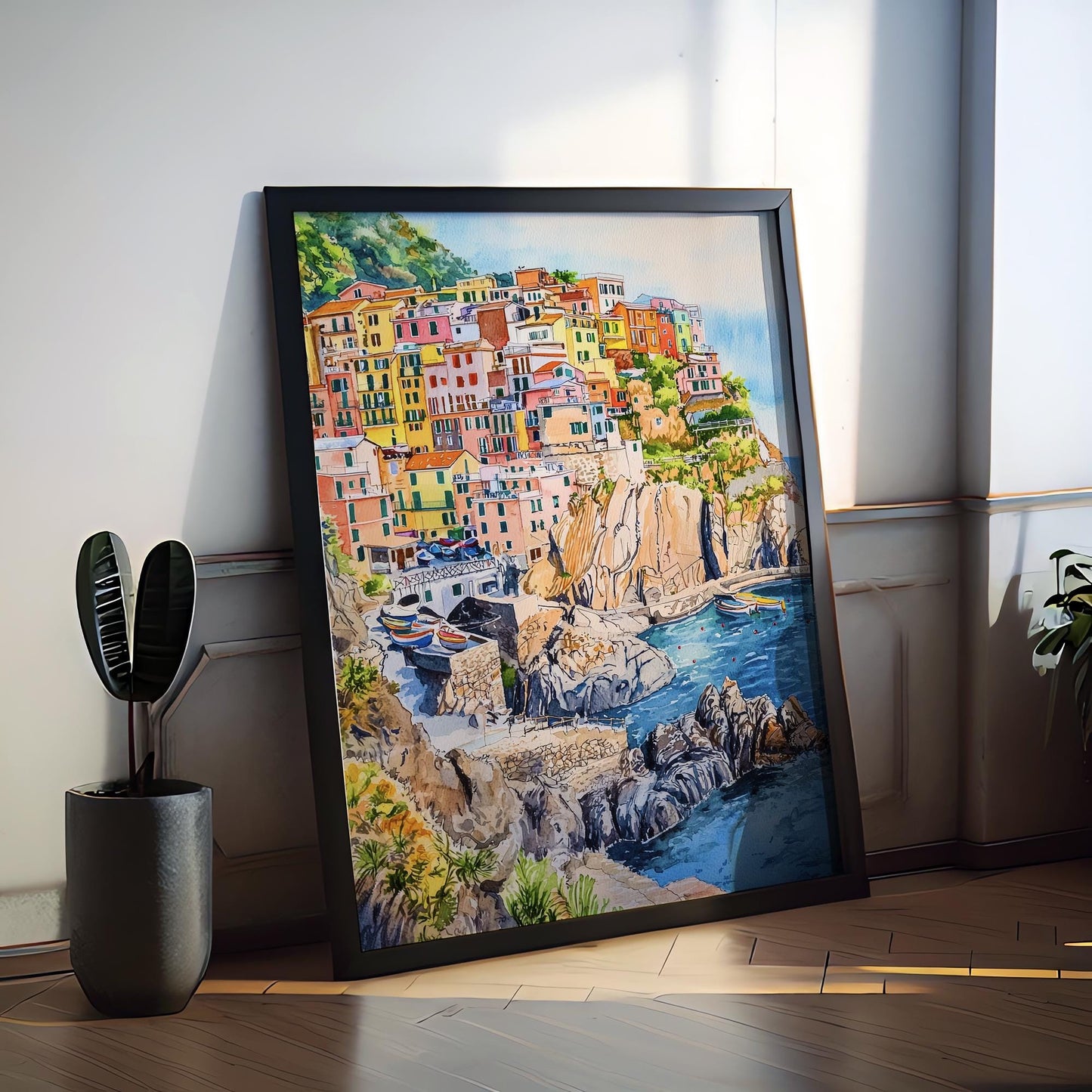 Cinque Terre Watercolor Poster Italy Travel Print Italian Coast Wall Art Cinque Terre Decor Colorful Village Cliffside Seaside Print