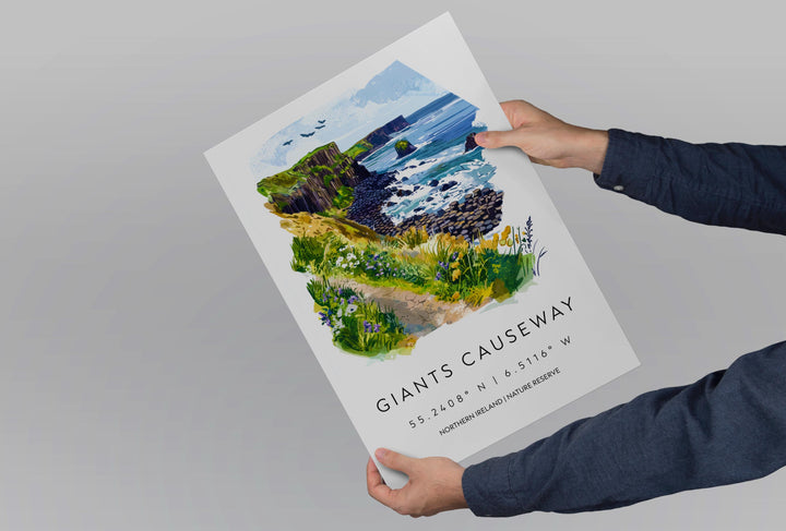 Giants Causeway Watercolor Poster Giants Causeway Travel Print Giants Causeway Wall Art Ireland Landscape Souvenir Decor
