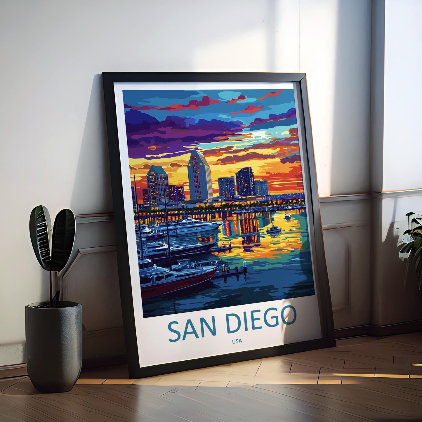 San Diego Travel Poster California Wall Art Coastal City Print Palm Tree View Illustration Waterfront Decor San Diego Gift Souvenir