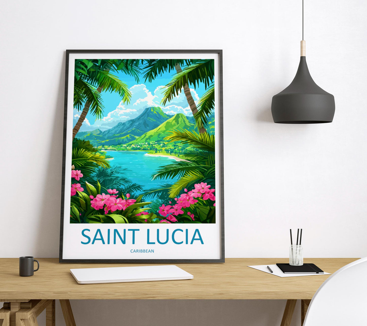 Saint Lucia Travel Poster Caribbean Wall Art Island Coast Print Pitons View Illustration Tropical Decor Saint Lucia Gift Souvenir