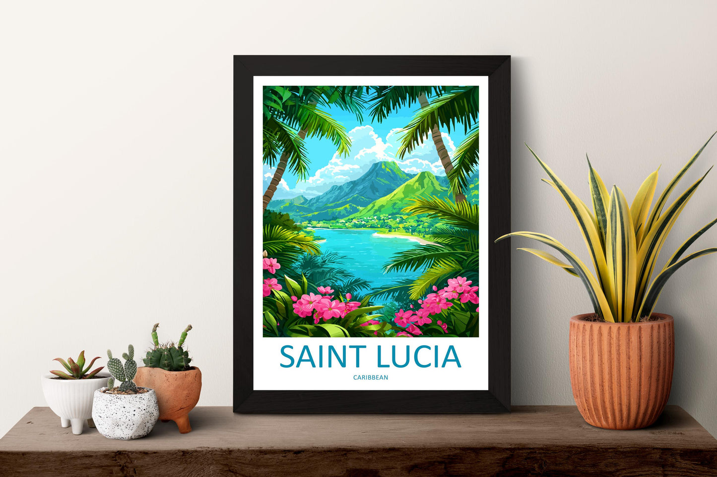 Saint Lucia Travel Poster Caribbean Wall Art Island Coast Print Pitons View Illustration Tropical Decor Saint Lucia Gift Souvenir