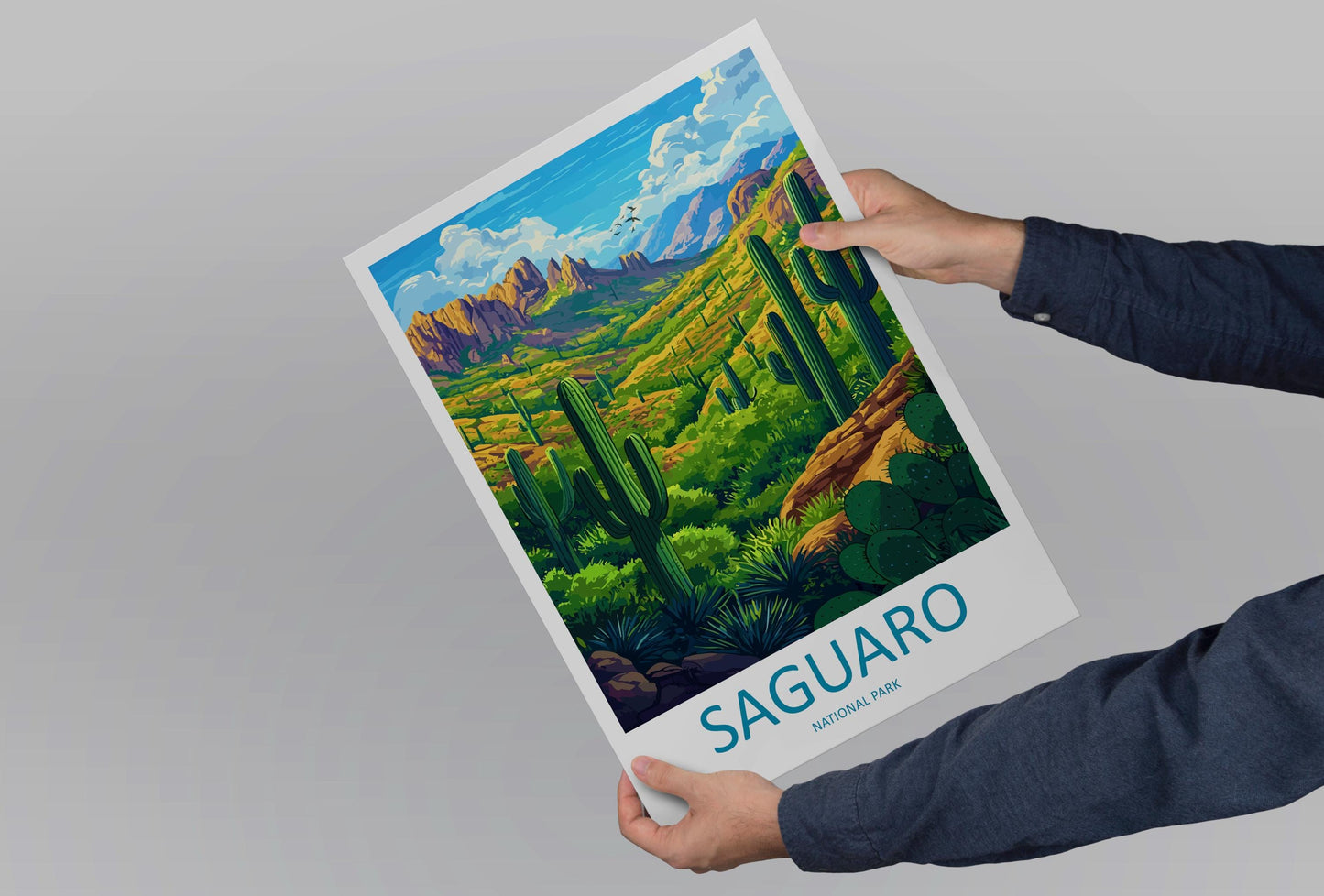 Saguaro National Park Travel Poster Arizona Wall Art Desert Landscape Print Cactus View Illustration Saguaro Gift Souvenir Scene
