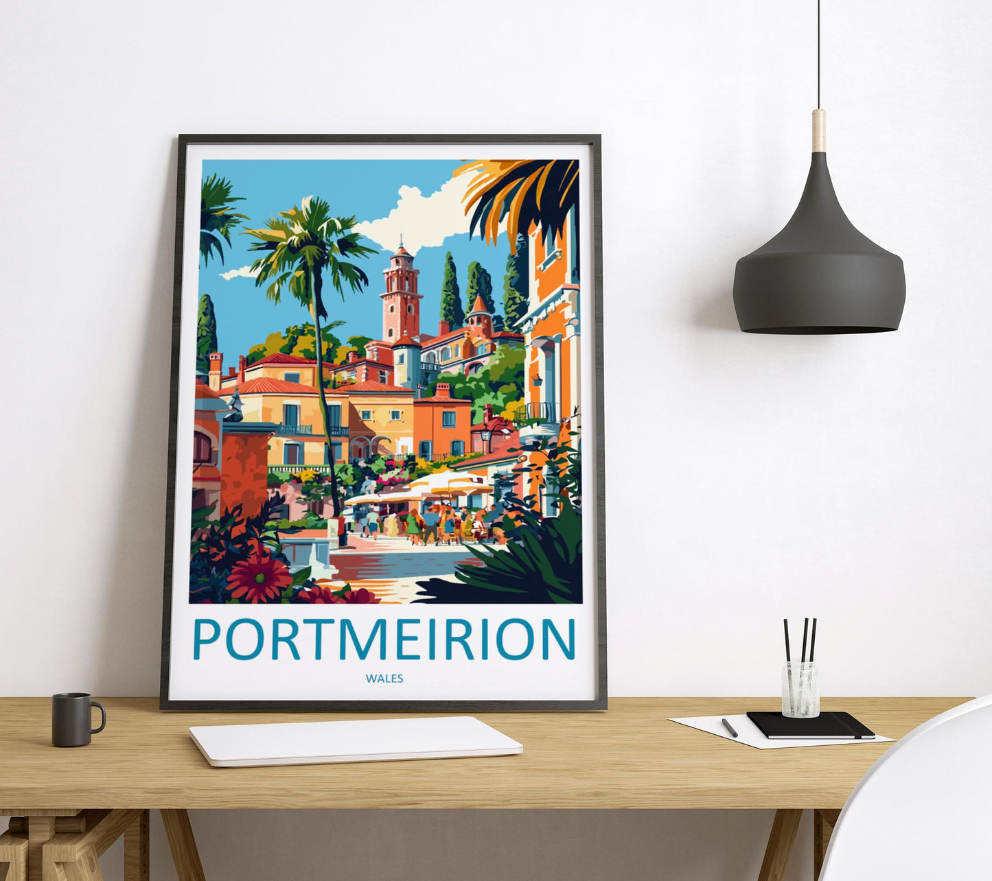 Portmeirion Travel Poster Wales Wall Art Coastal Village Print Italianate View Illustration Scenic Decor Portmeirion Gift Souvenir