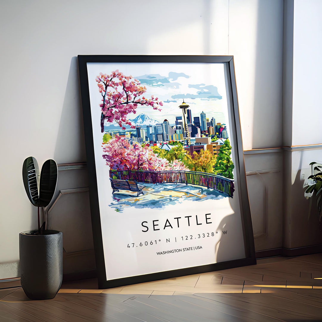 Seattle Watercolor Poster Seattle Travel Print Seattle Wall Art Seattle Cityscape Painting Seattle Souvenir USA Decor