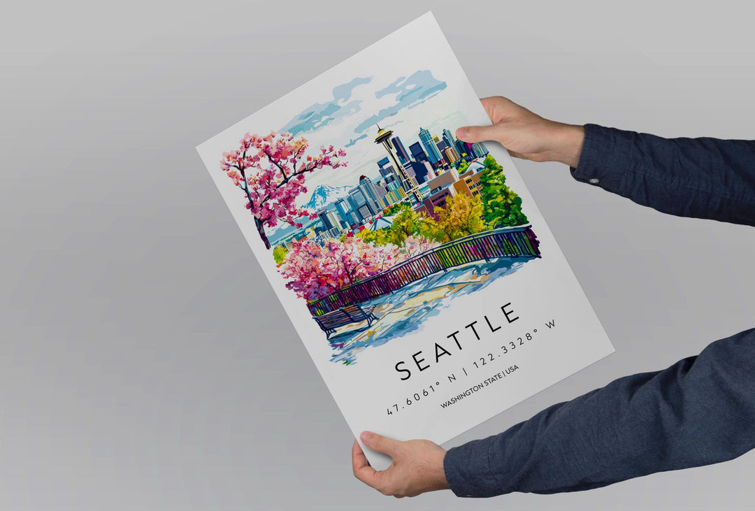 Seattle Watercolor Poster Seattle Travel Print Seattle Wall Art Seattle Cityscape Painting Seattle Souvenir USA Decor