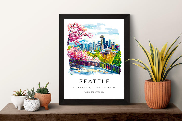 Seattle Watercolor Poster Seattle Travel Print Seattle Wall Art Seattle Cityscape Painting Seattle Souvenir USA Decor