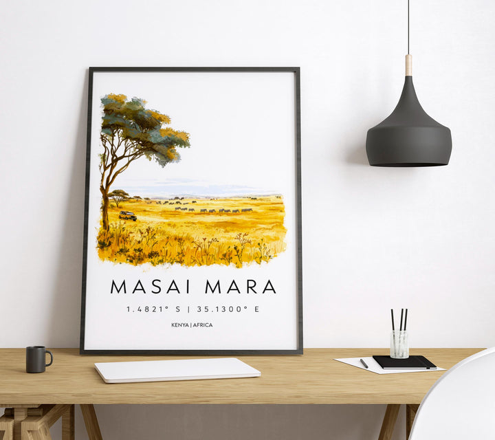 Maasai Mara Watercolor Poster Kenya Travel Print Safari Wall Art Wildlife Painting Maasai Mara Souvenir Nature Decor