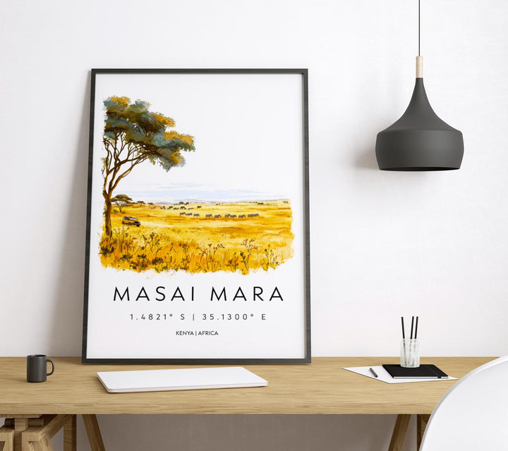 Maasai Mara Watercolor Poster Kenya Travel Print Safari Wall Art Wildlife Painting Maasai Mara Souvenir Nature Decor