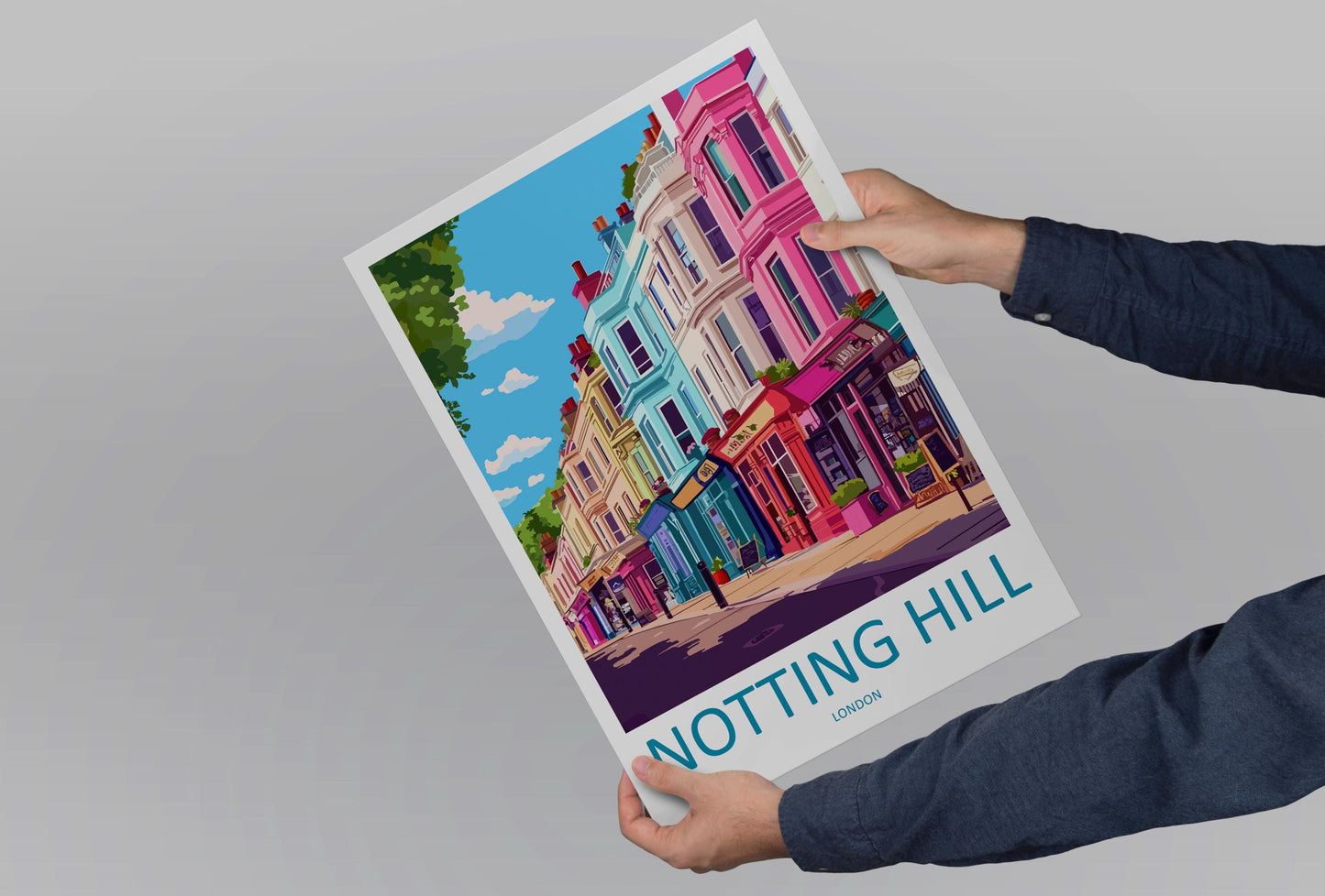 Notting Hill Travel Poster London Wall Art Colourful Street Print West London View Illustration Urban Decor Notting Hill Gift Scene