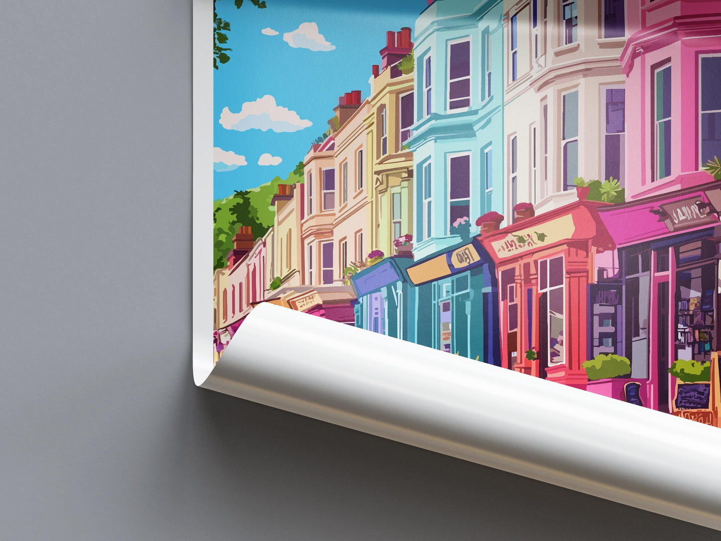 Notting Hill Travel Poster London Wall Art Colourful Street Print West London View Illustration Urban Decor Notting Hill Gift Scene