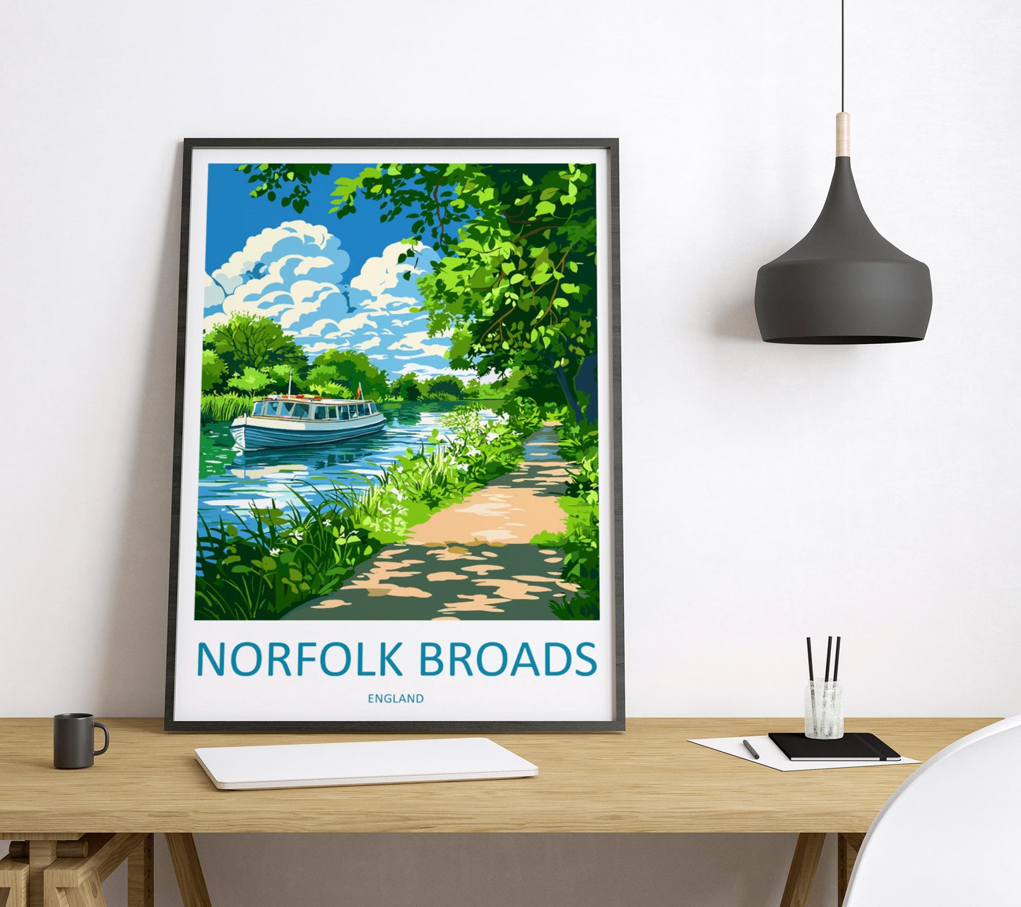 Norfolk Broads Travel Poster England Wall Art River Scene Print Boating View Illustration Waterside Decor Norfolk Gift Souvenir