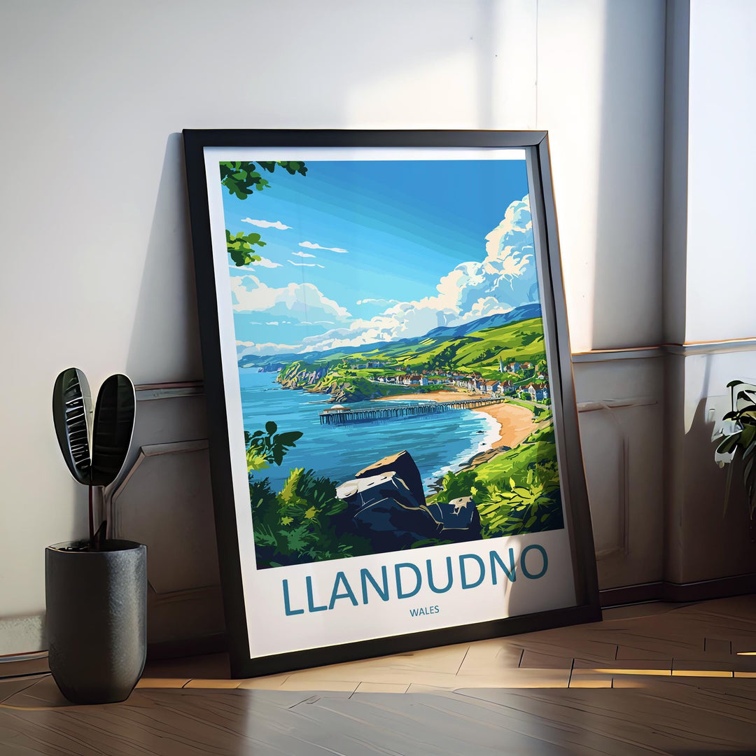 Llandudno Travel Poster Wales Wall Art Seaside Town Print Promenade View Illustration Coastal Decor Llandudno Gift Souvenir Scene