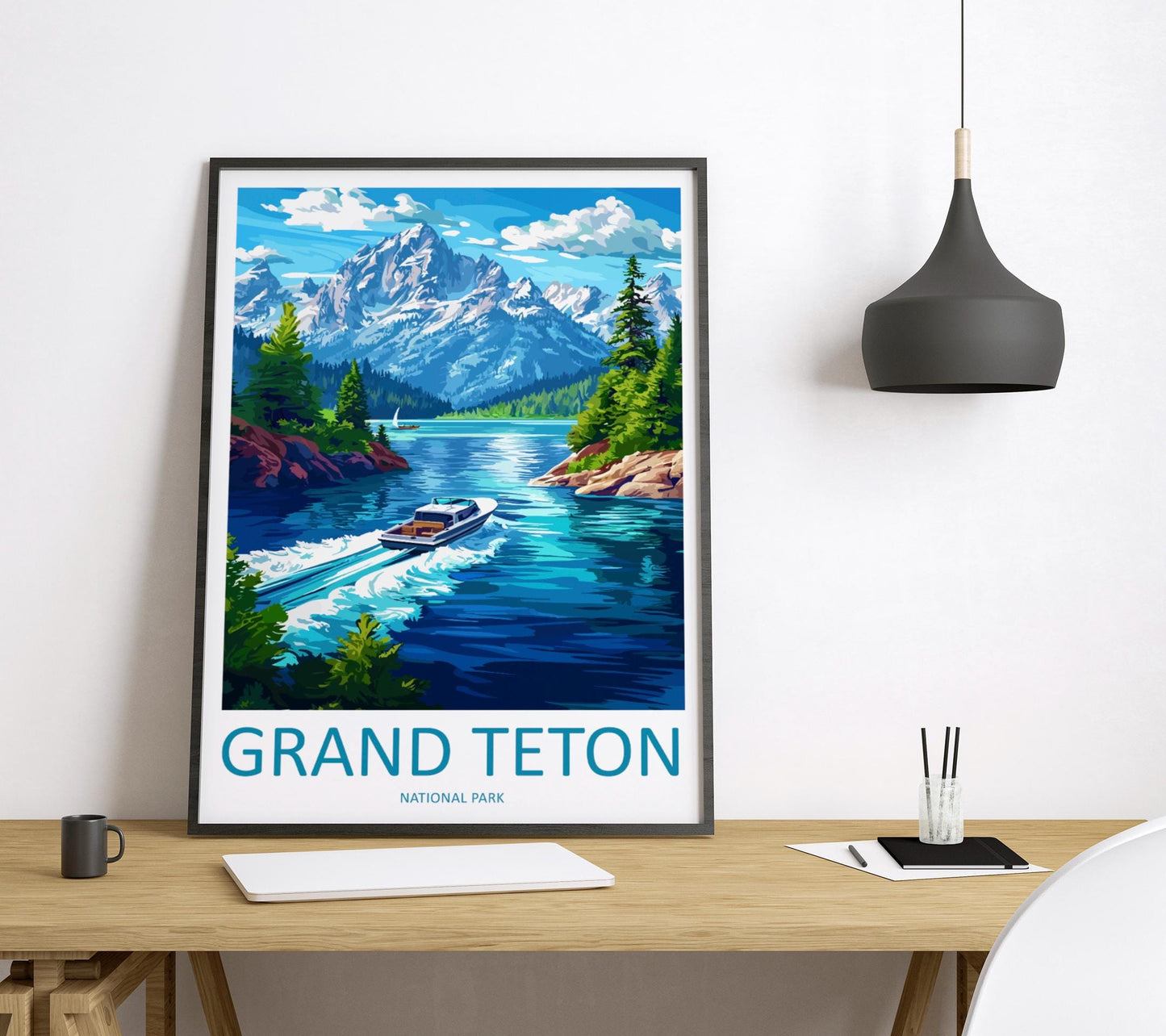 Grand Teton National Park Travel Poster Wyoming Wall Art Mountain View Print Alpine Scene Illustration Nature Decor Gift Souvenir