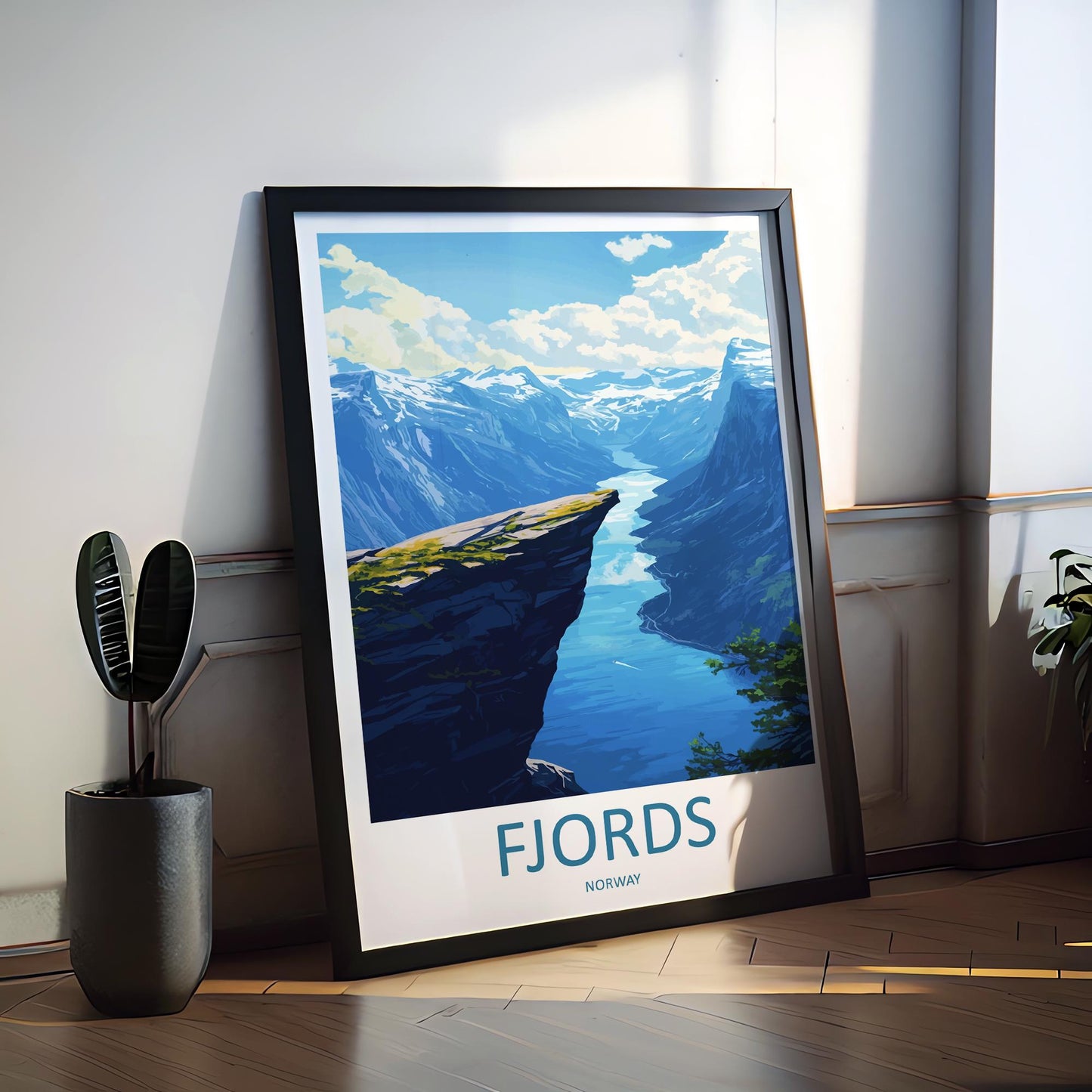 Norway Fjords Travel Poster Nordic Wall Art Coastal Landscape Print Cliff View Illustration Nature Decor Fjord Gift Souvenir Scene