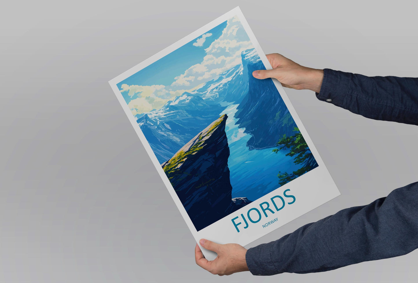 Norway Fjords Travel Poster Nordic Wall Art Coastal Landscape Print Cliff View Illustration Nature Decor Fjord Gift Souvenir Scene
