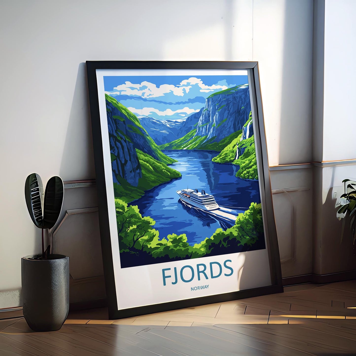 Norway Fjords Travel Poster Nordic Wall Art Coastal Landscape Print Cliff View Illustration Nature Decor Fjord Gift Souvenir Scene