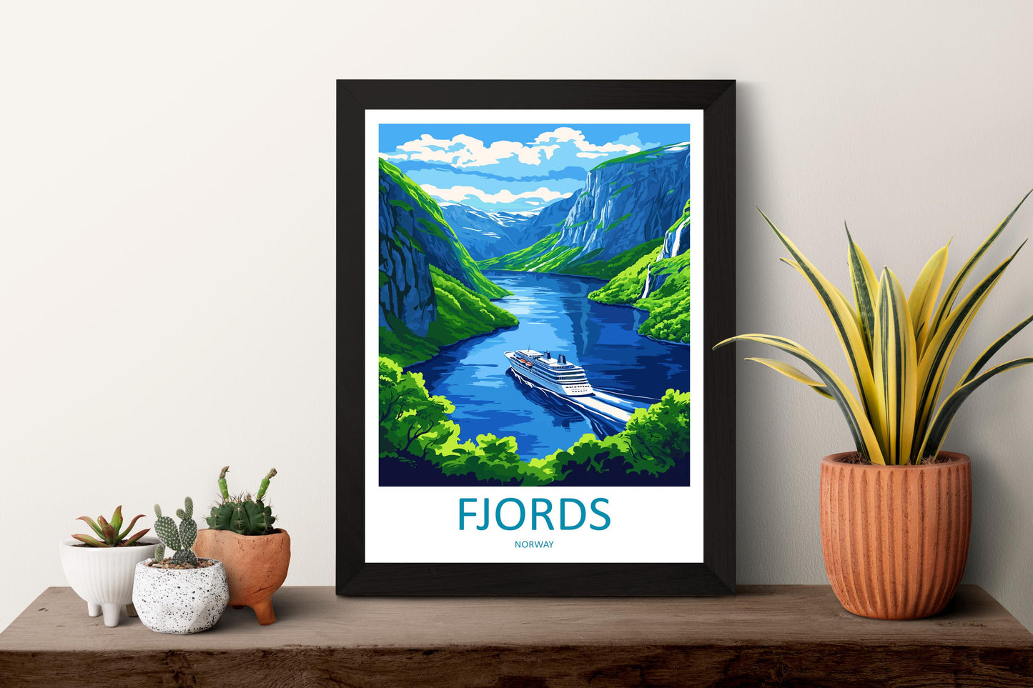 Norway Fjords Travel Poster Nordic Wall Art Coastal Landscape Print Cliff View Illustration Nature Decor Fjord Gift Souvenir Scene