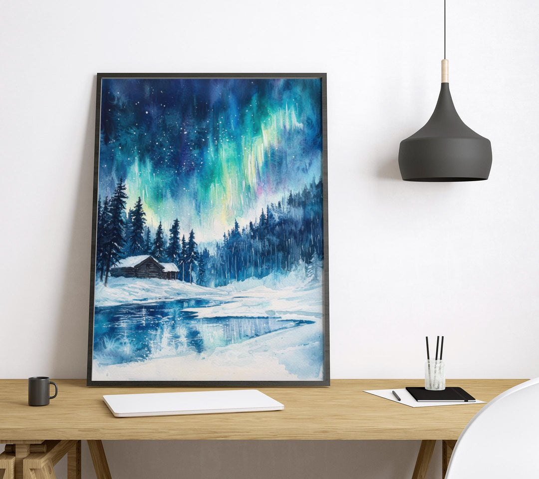 Lapland Watercolor Poster Lapland Travel Print Arctic Wall Art Snowy Landscape Painting Lapland Souvenir Winter Decor