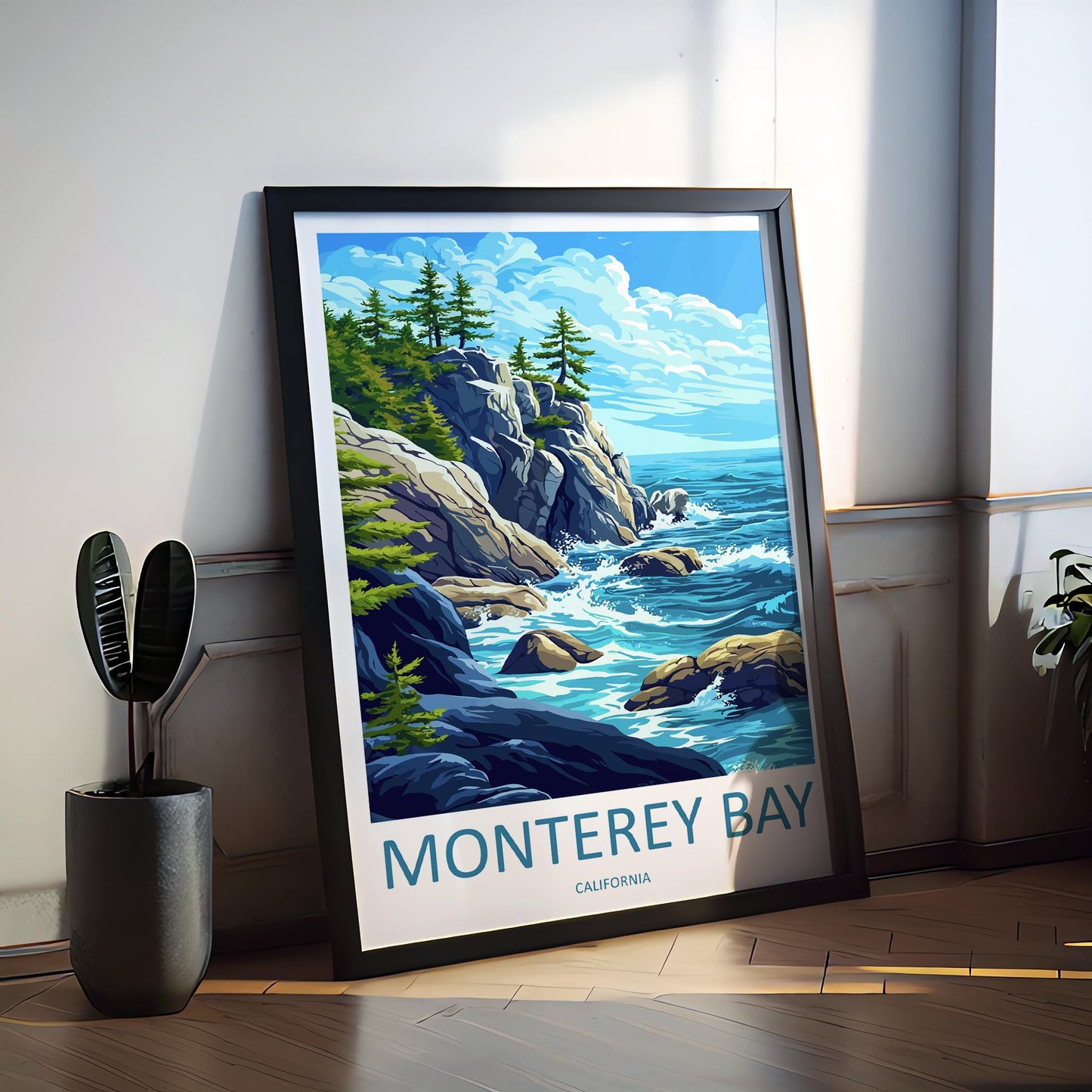 Monterey Bay Cartoon Travel Poster California Wall Art Coastal Print Ocean Illustration Nature Decor Monterey Souvenir Gift