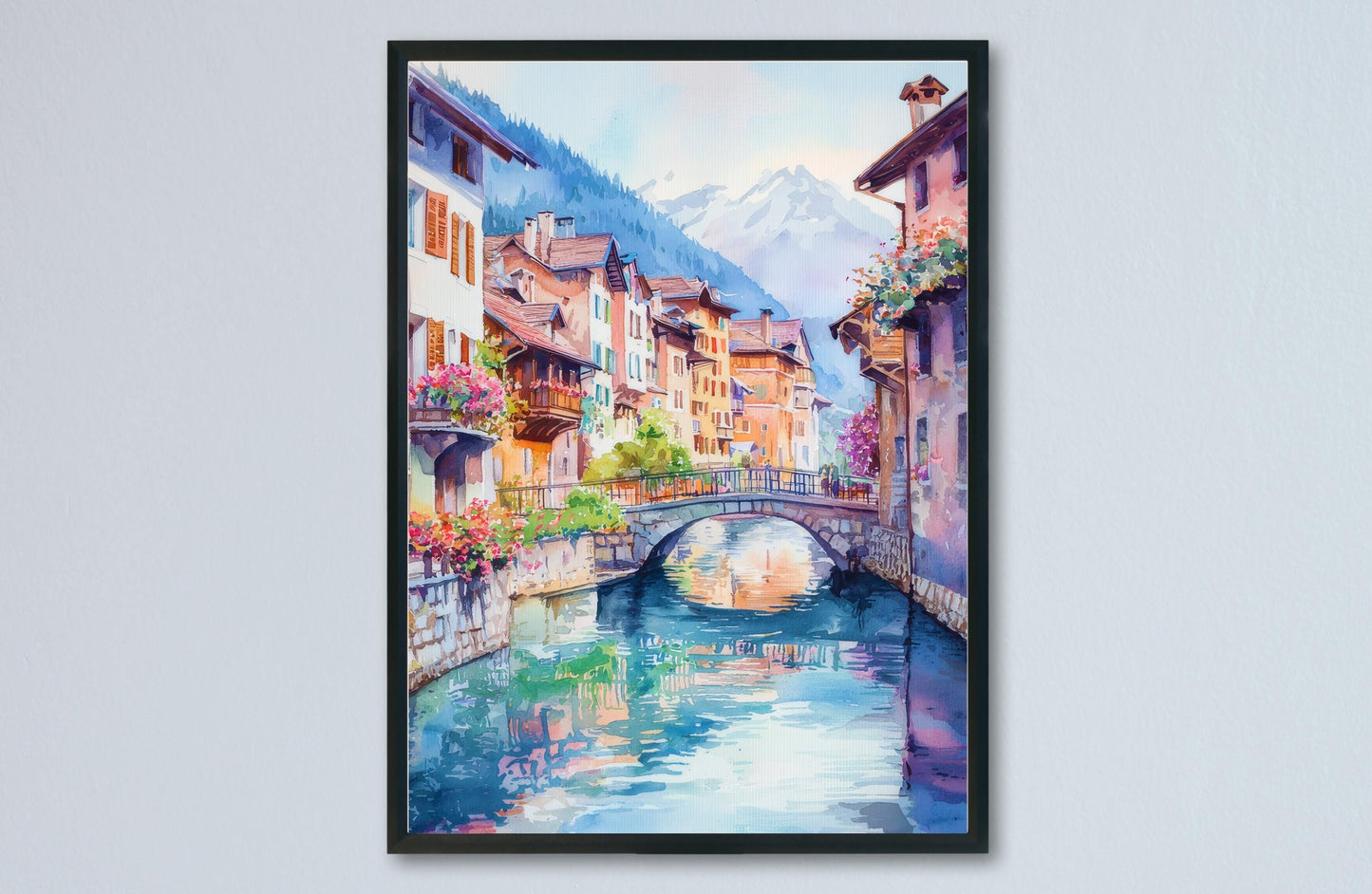 Annecy Watercolor Poster Annecy Travel Print France Wall Art Annecy Decor Lake Scene French Alps City Landscape Canal Village View