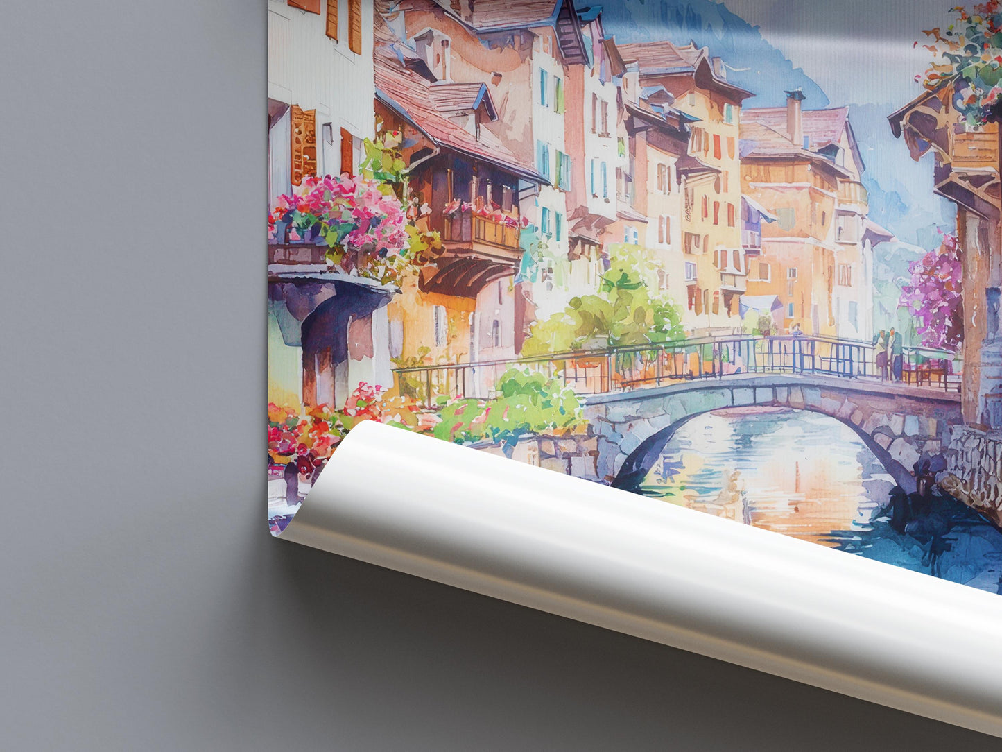 Annecy Watercolor Poster Annecy Travel Print France Wall Art Annecy Decor Lake Scene French Alps City Landscape Canal Village View