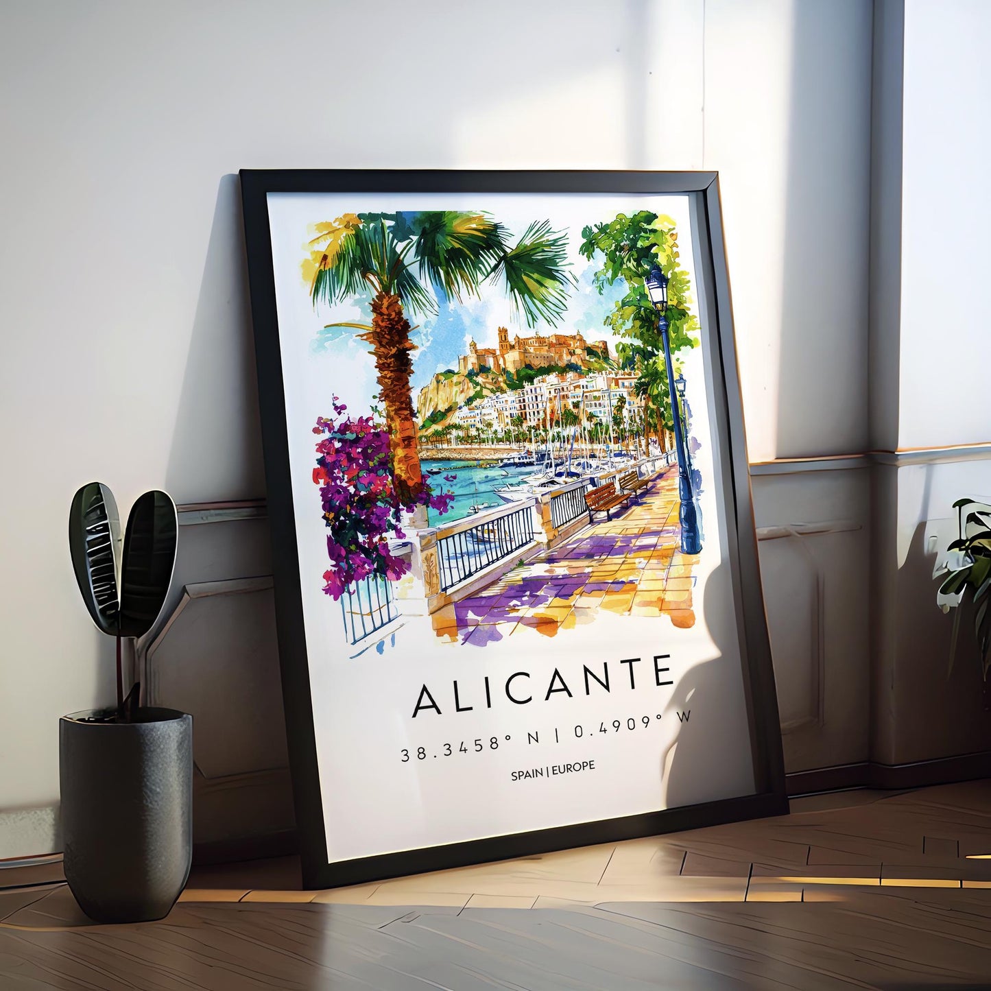 Alicante Watercolor Poster Alicante Travel Print Spain Wall Art Alicante Decor Coastal City Scene Castle Beach Spanish View Landscape