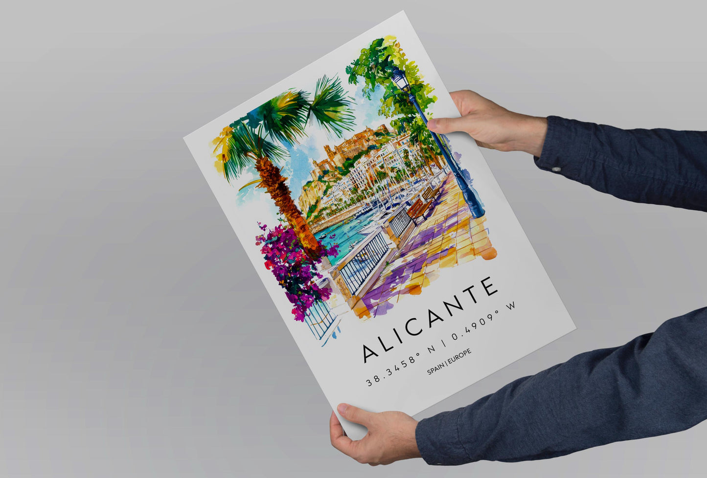 Alicante Watercolor Poster Alicante Travel Print Spain Wall Art Alicante Decor Coastal City Scene Castle Beach Spanish View Landscape