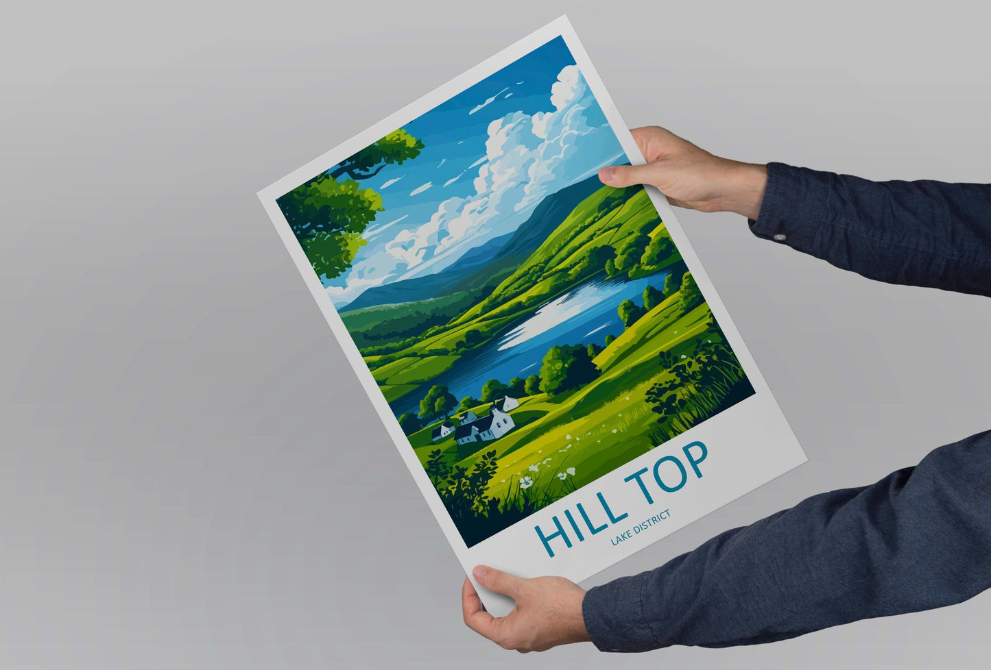 Hill Top Travel Poster England Wall Art Countryside Cottage Print Lake District Illustration Rustic Decor Hill Top Gift Souvenir
