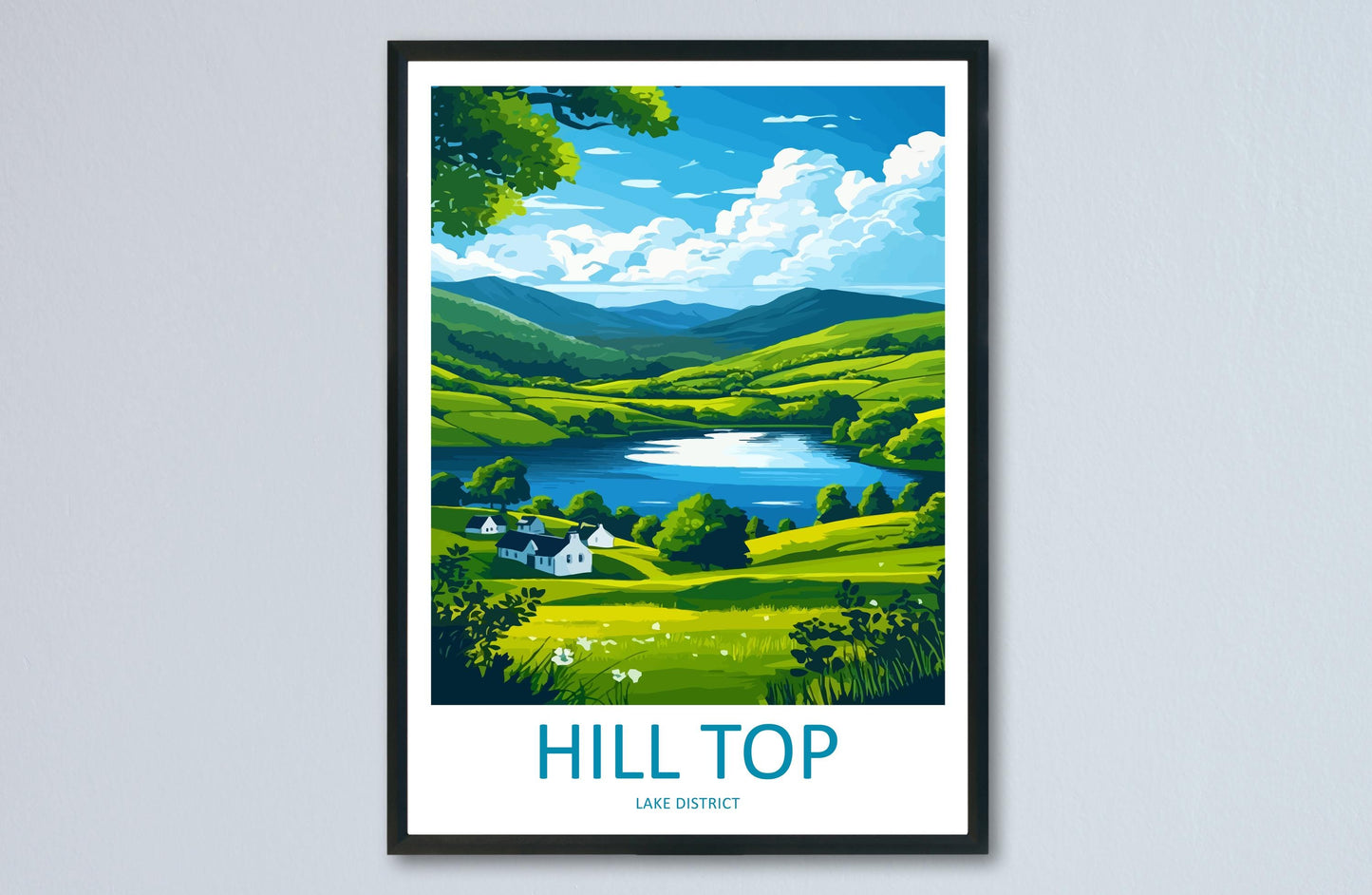 Hill Top Travel Poster England Wall Art Countryside Cottage Print Lake District Illustration Rustic Decor Hill Top Gift Souvenir