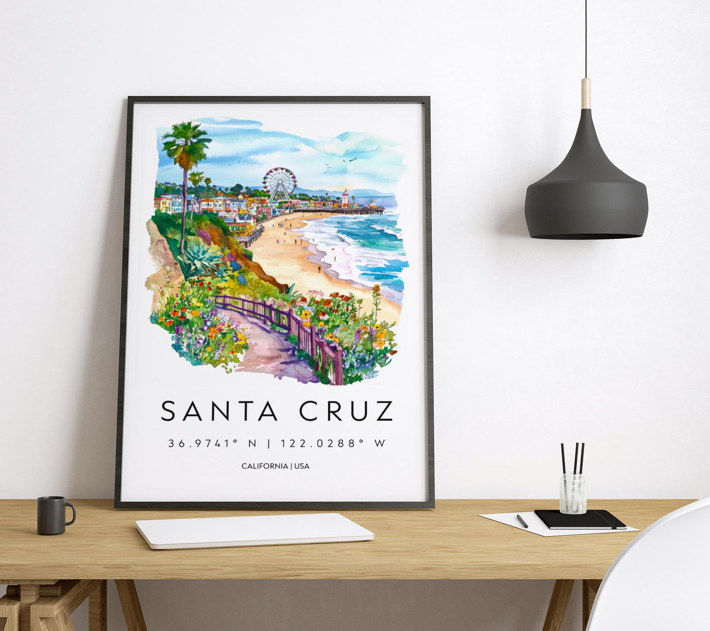 Santa Cruz Watercolor Poster Santa Cruz Travel Print California Wall Art Beach Painting Santa Cruz Souvenir Decor