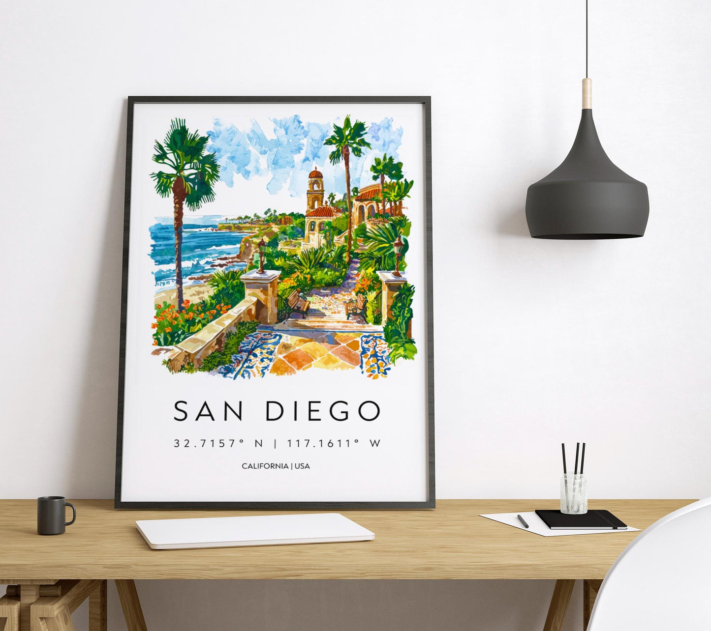 San Diego Watercolor Poster San Diego Travel Print California Wall Art Beach City Painting San Diego Souvenir Decor