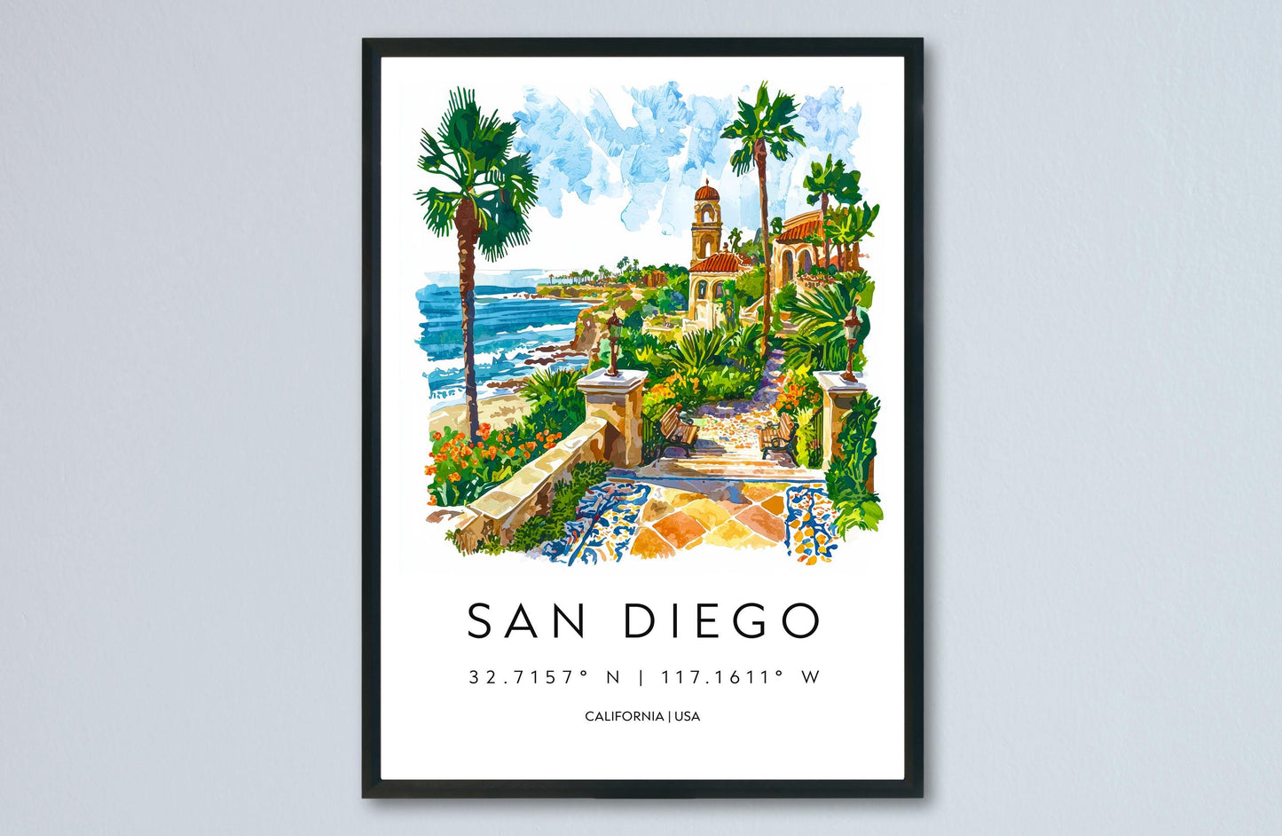 San Diego Watercolor Poster San Diego Travel Print California Wall Art Beach City Painting San Diego Souvenir Decor