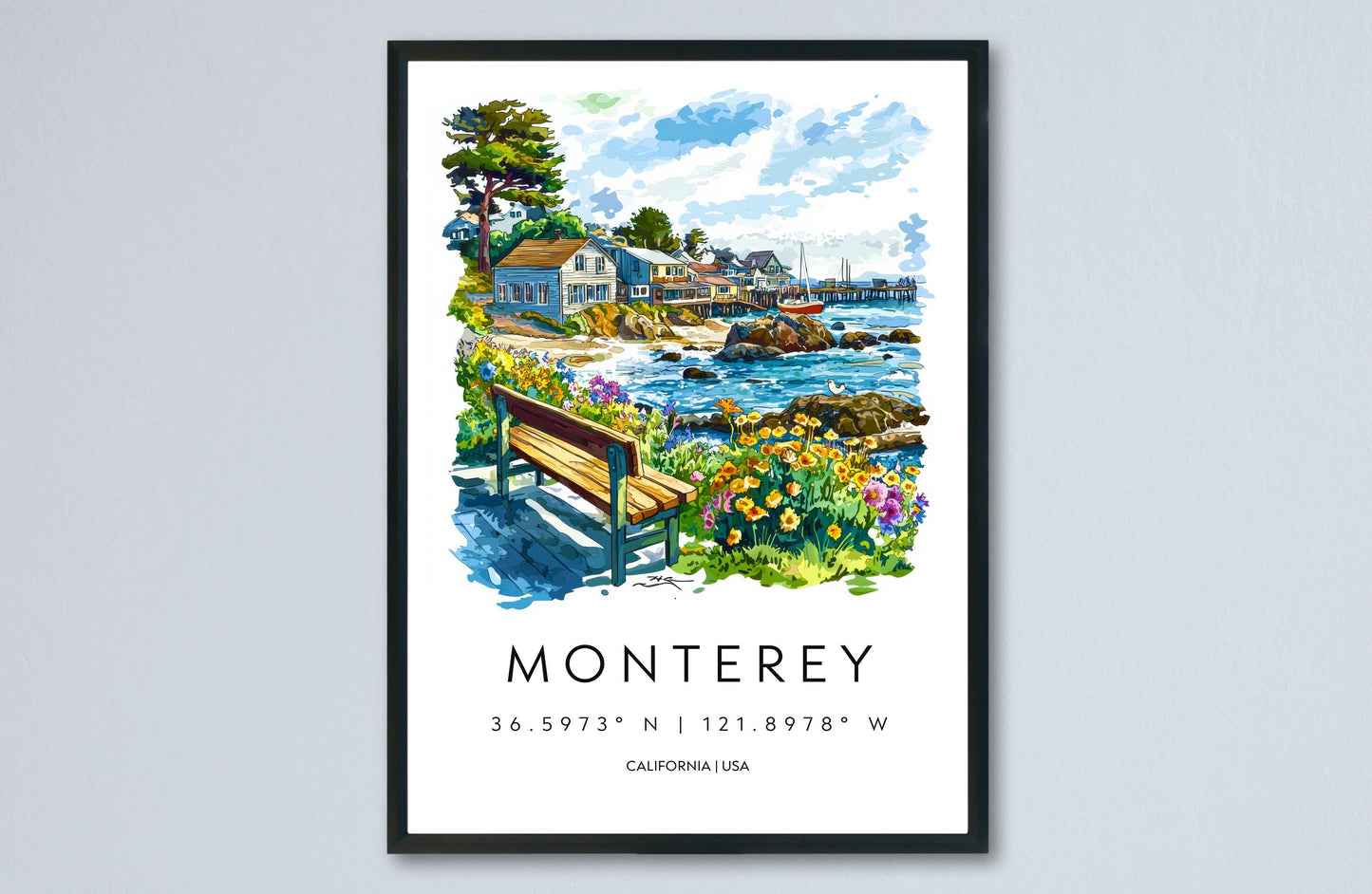 Monterey Watercolor Poster Monterey Travel Print California Coast Art Ocean Painting Monterey Bay Souvenir Decor