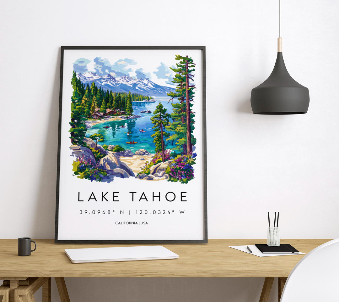 Lake Tahoe Watercolor Poster Lake Tahoe Travel Print California Wall Art Mountain Lake Painting Lake Tahoe Decor