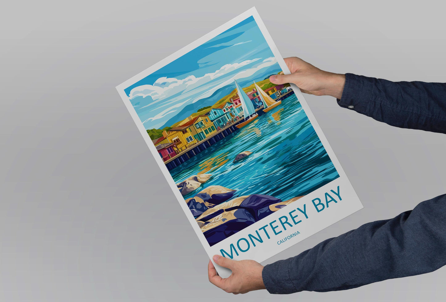 Monterey Bay Travel Poster California Wall Art Coastal View Print Oceanfront Illustration Cannery Row Decor Monterey Gift Souvenir