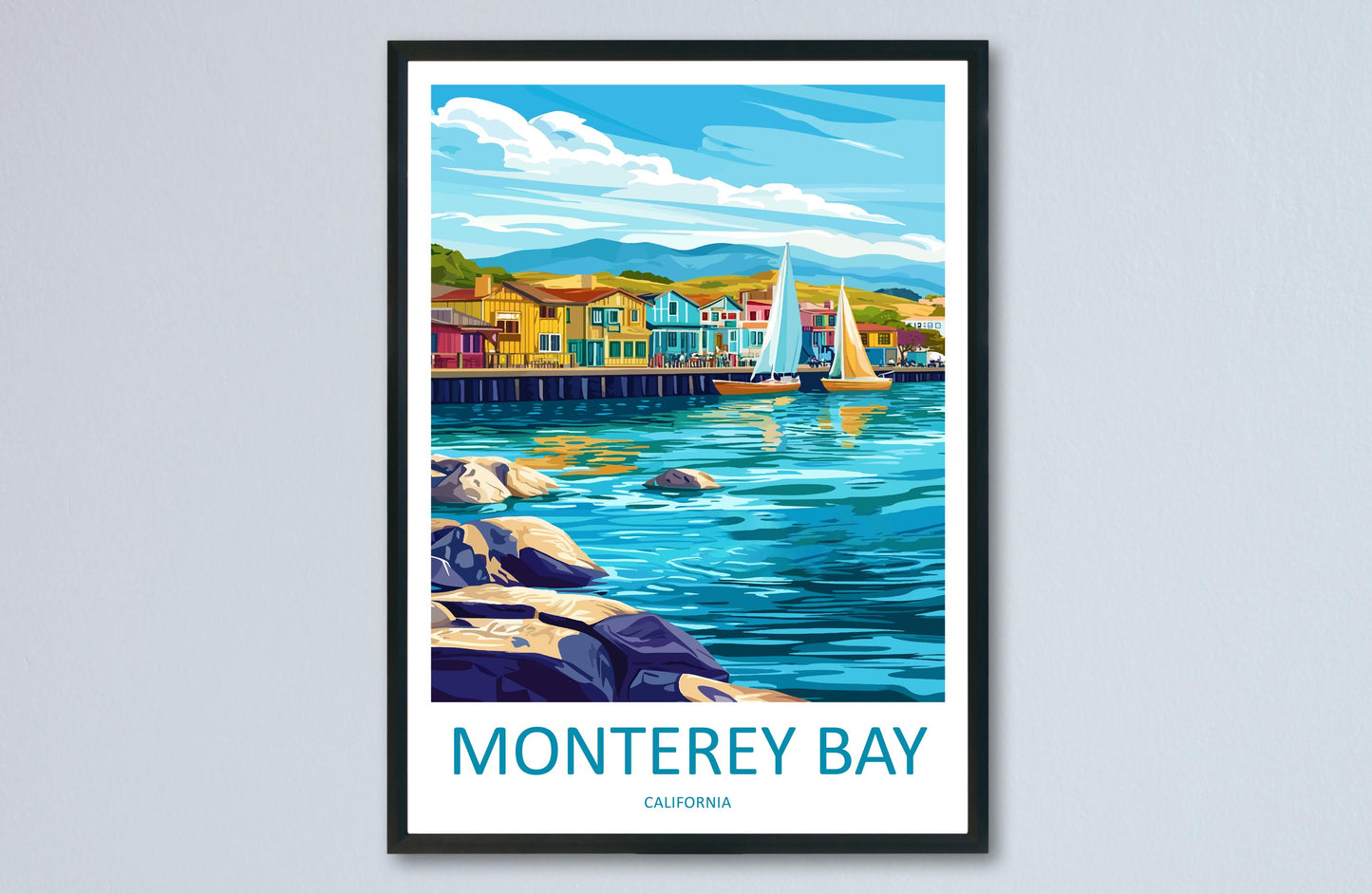 Monterey Bay Travel Poster California Wall Art Coastal View Print Oceanfront Illustration Cannery Row Decor Monterey Gift Souvenir