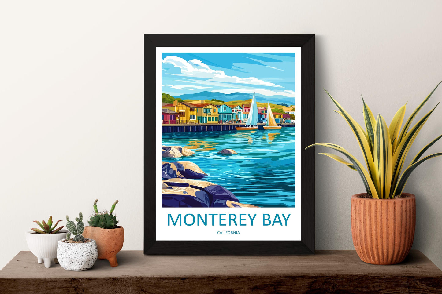 Monterey Bay Travel Poster California Wall Art Coastal View Print Oceanfront Illustration Cannery Row Decor Monterey Gift Souvenir