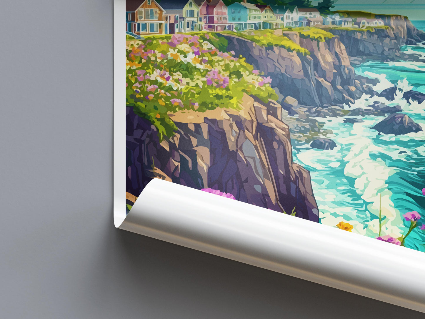 Mendocino Travel Poster California Wall Art Coastal Village Print Ocean Cliff Illustration Redwood Coast Decor Mendocino Gift Souvenir
