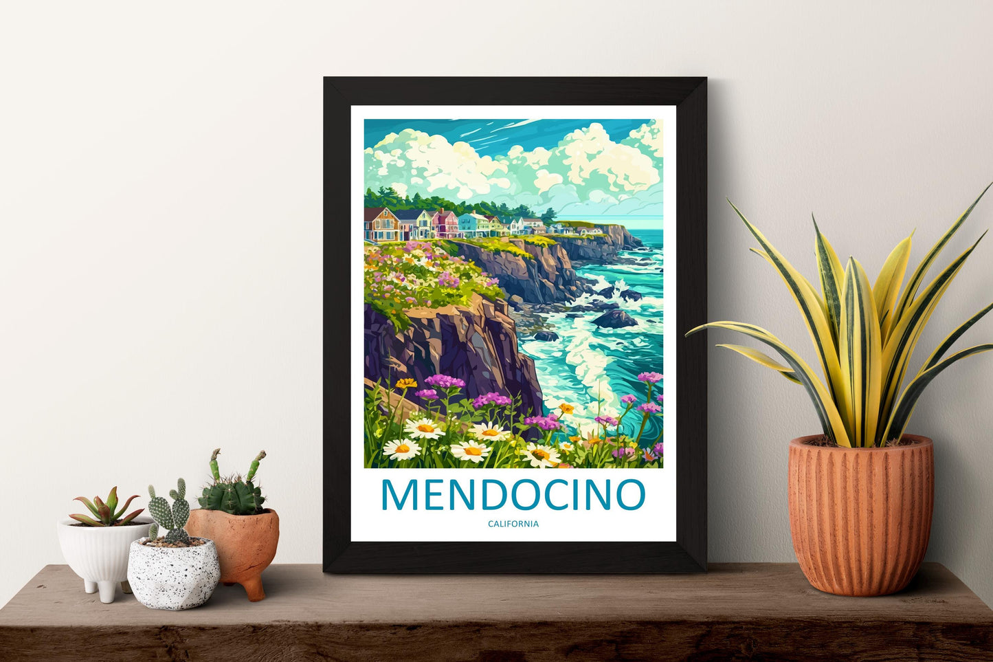 Mendocino Travel Poster California Wall Art Coastal Village Print Ocean Cliff Illustration Redwood Coast Decor Mendocino Gift Souvenir