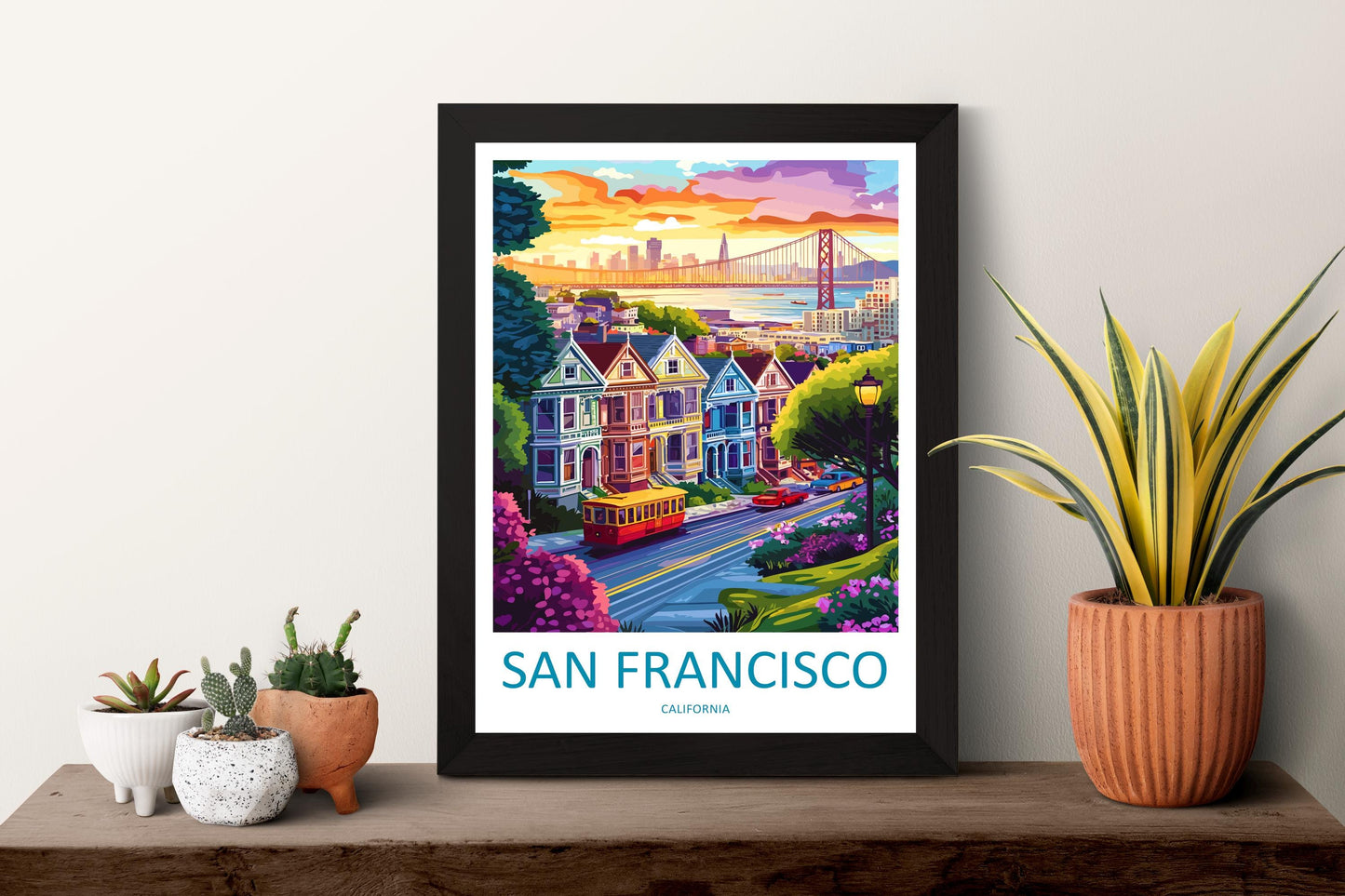 San Francisco Travel Poster California Wall Art Cityscape Print Golden Gate View Illustration Bay Area Decor SF Gift Souvenir Scene