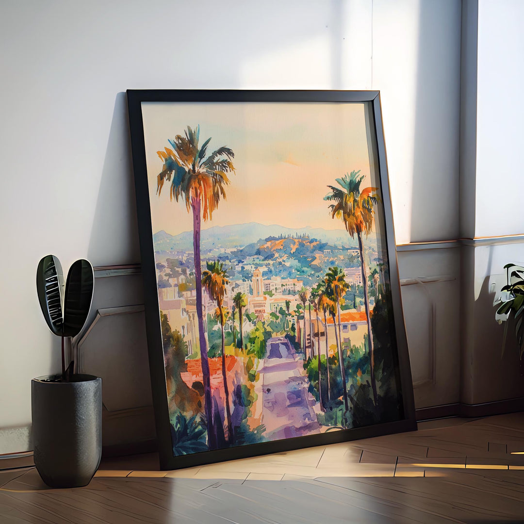 Los Angeles Watercolor Poster Los Angeles Travel Print Los Angeles California Art LA Skyline Wall Decor Hollywood Cityscape Print