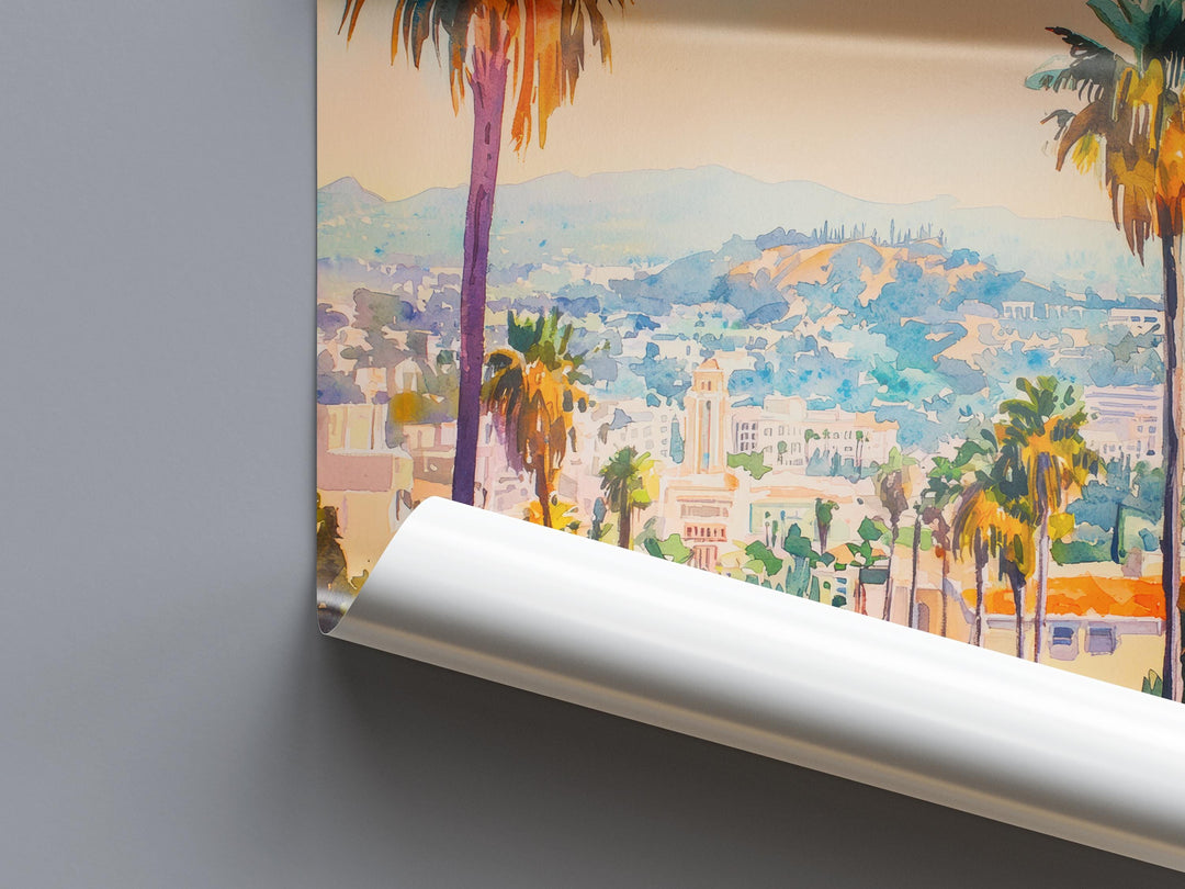 Los Angeles Watercolor Poster Los Angeles Travel Print Los Angeles California Art LA Skyline Wall Decor Hollywood Cityscape Print