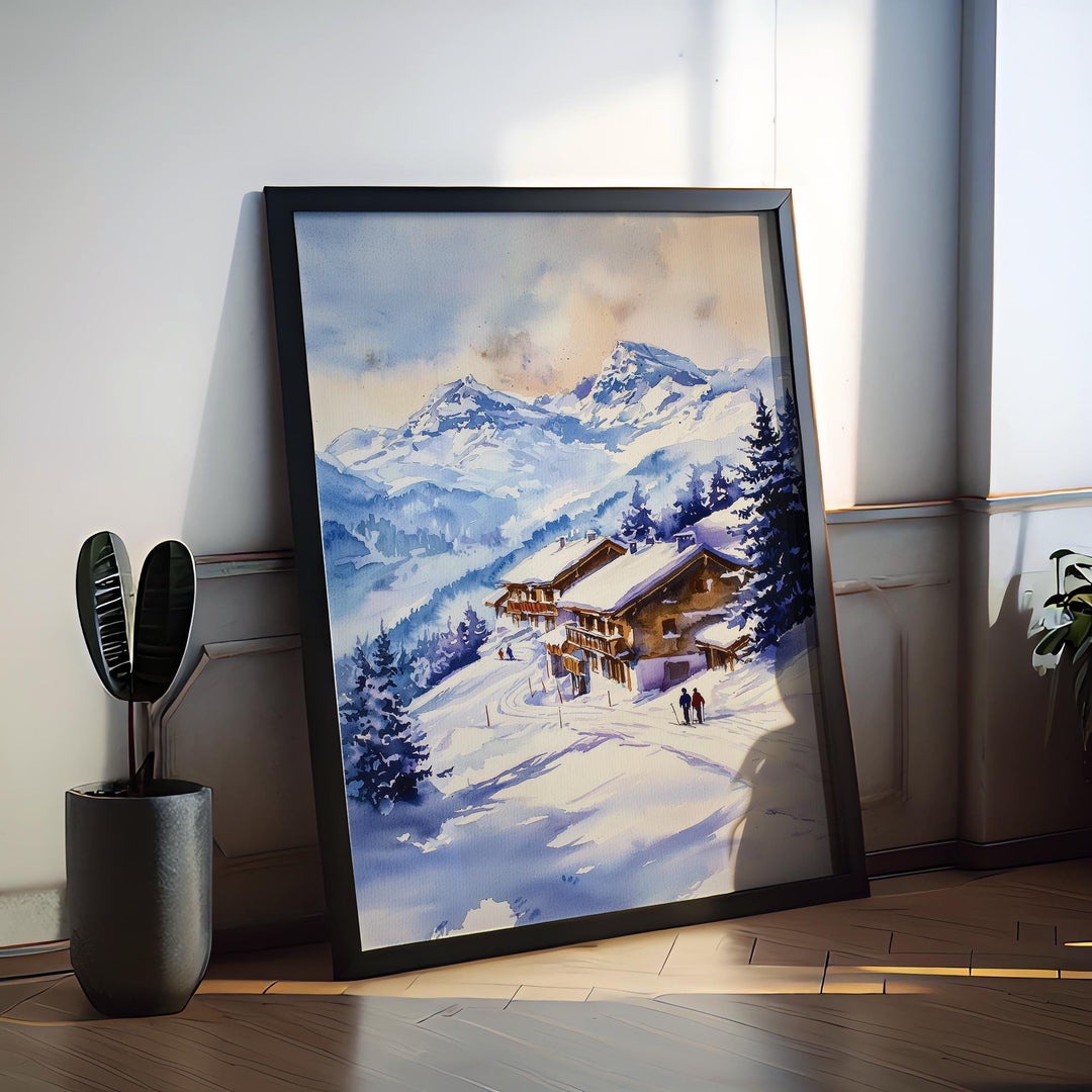 La Plagne Watercolor Poster La Plagne Travel Print French Alps Ski Resort Wall Art La Plagne Winter Decor Snowy Mountain Landscape Print