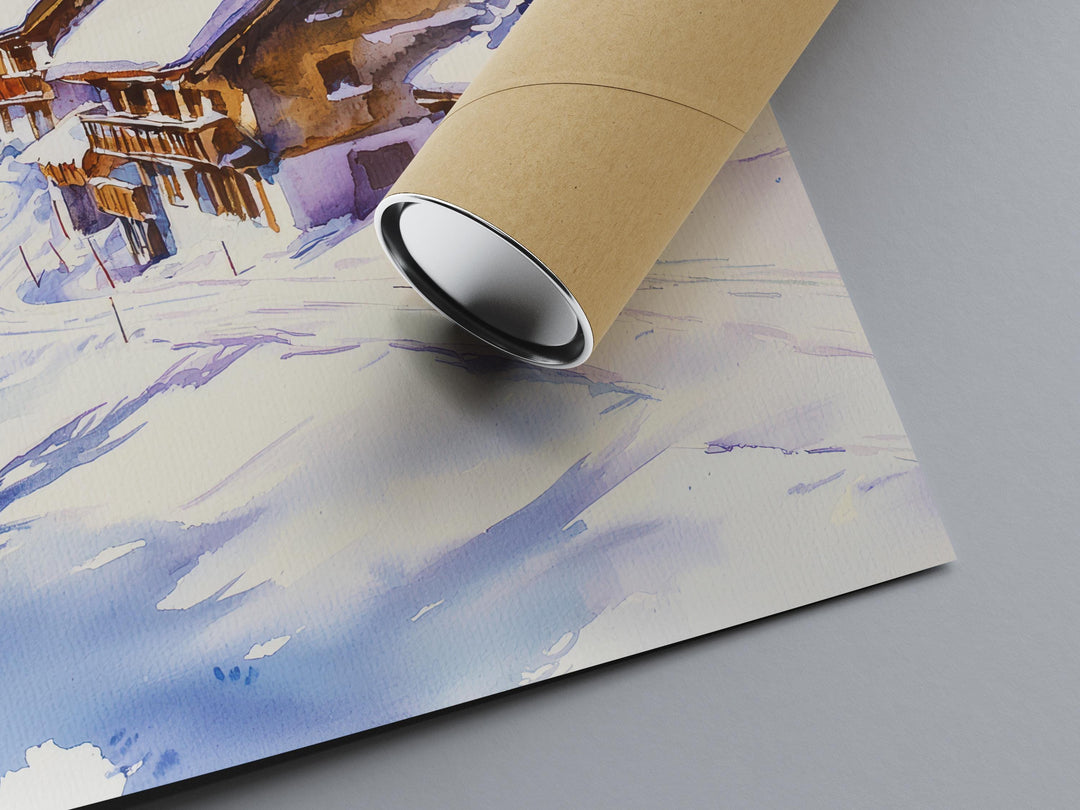 La Plagne Watercolor Poster La Plagne Travel Print French Alps Ski Resort Wall Art La Plagne Winter Decor Snowy Mountain Landscape Print