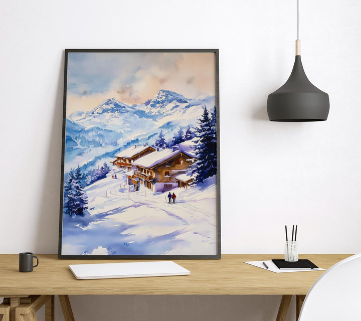 La Plagne Watercolor Poster La Plagne Travel Print French Alps Ski Resort Wall Art La Plagne Winter Decor Snowy Mountain Landscape Print