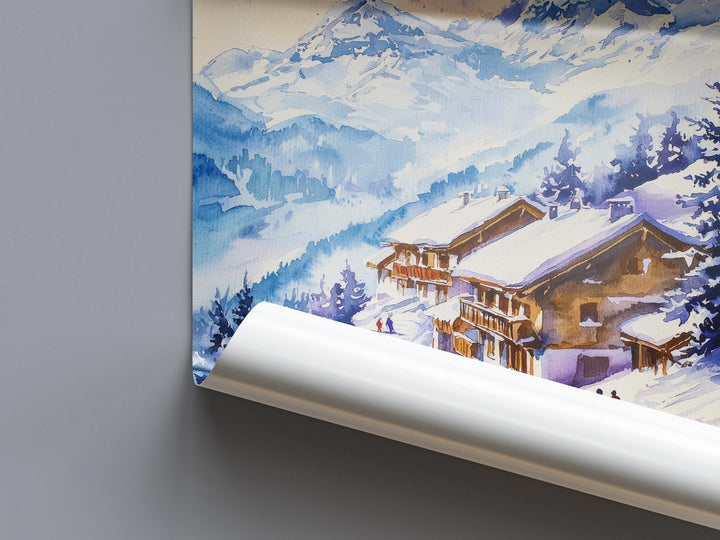 La Plagne Watercolor Poster La Plagne Travel Print French Alps Ski Resort Wall Art La Plagne Winter Decor Snowy Mountain Landscape Print
