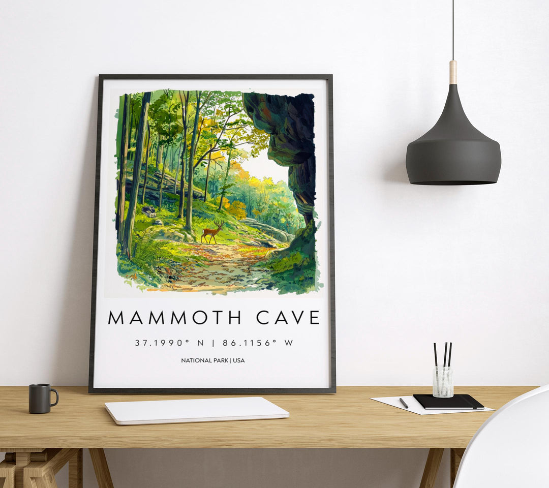 Mammoth Cave Watercolor Poster Mammoth Cave Travel Print Kentucky Wall Art National Park Decor Cave Landscape Subterranean Scene Print