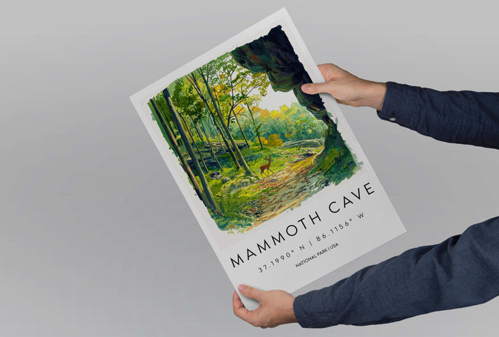 Mammoth Cave Watercolor Poster Mammoth Cave Travel Print Kentucky Wall Art National Park Decor Cave Landscape Subterranean Scene Print