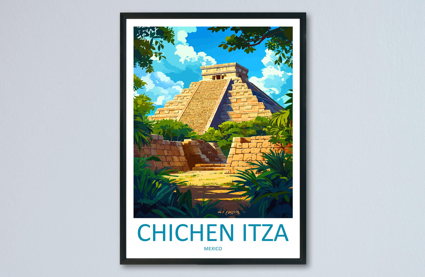 Chichen Itza Travel Poster Mexico Wall Art Mayan Ruins Print Ancient Decor Mexican Gift Souvenir Scene World Heritage Landmark Art